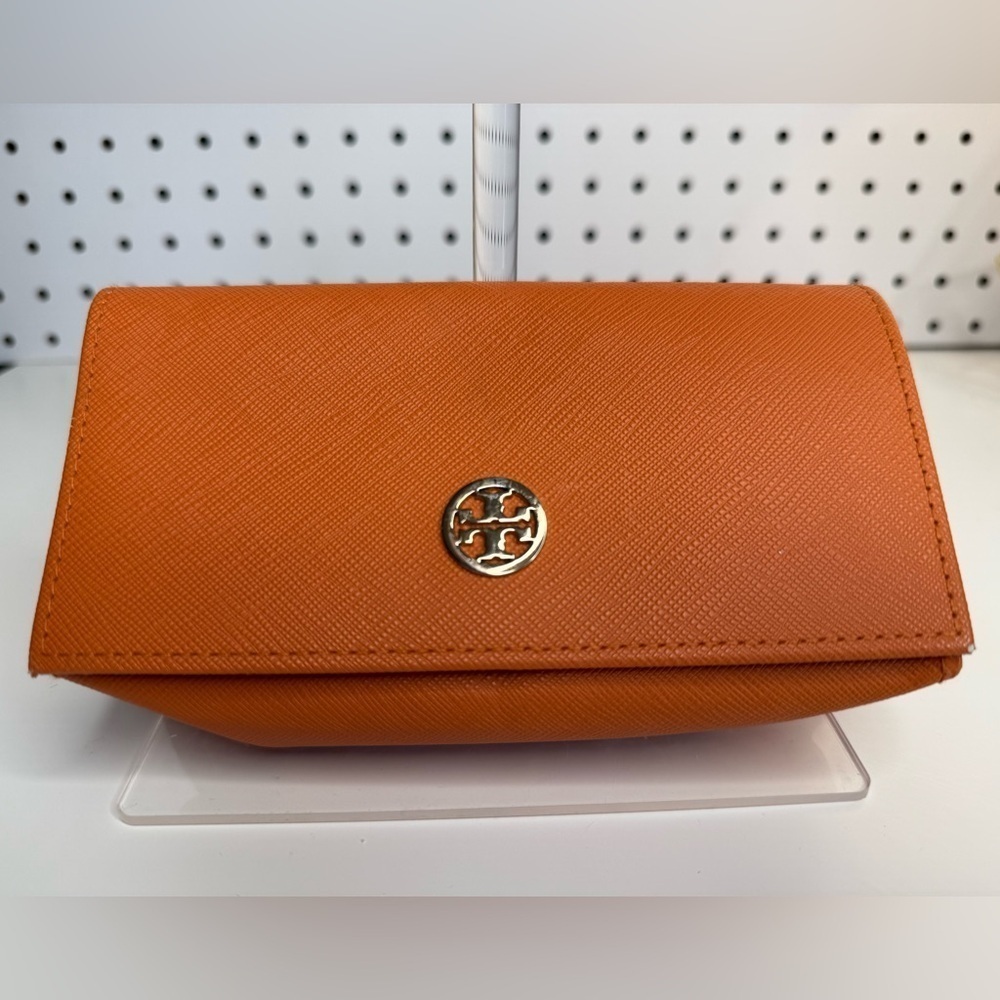 Tory Burch Vibrant Orange Leather Sunglasses Case Authentic Gold Magnetic Design
